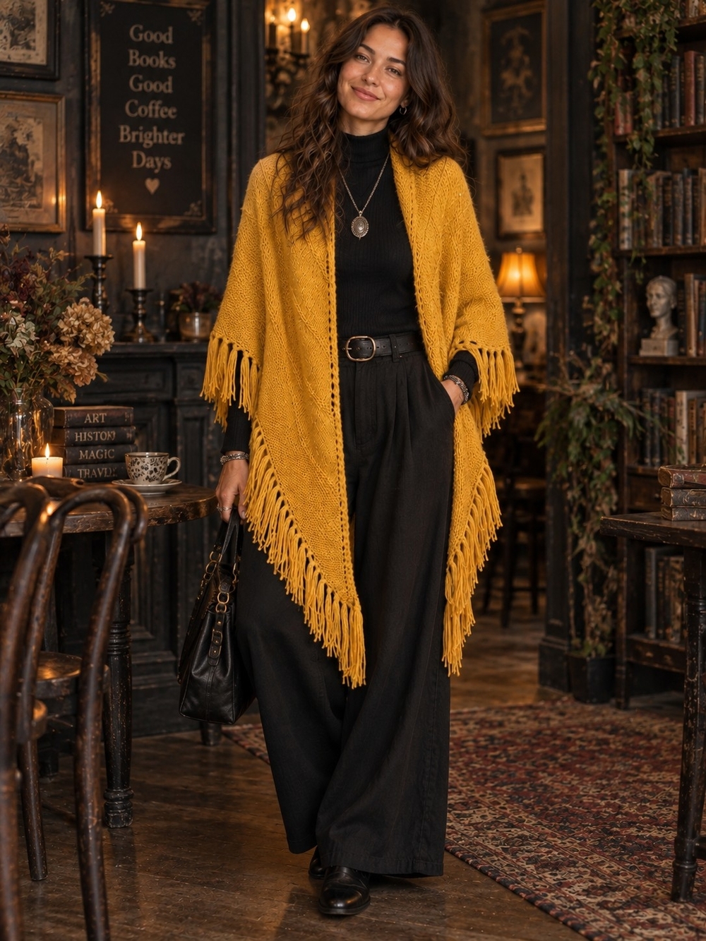 Mustard Yellow Knit Shawl Wrap Fringe Triangle Boho Cottagecore Poncho